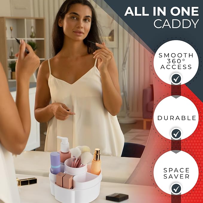 Masirs Small 360 Rotating Makeup Organizer, 5 Compartments, Round White | Small 360 Rotating Makeup Organizer, 5 Compartments, Acrylic Mini Lazy Susan, Vanity Bathroom Counter, Round White