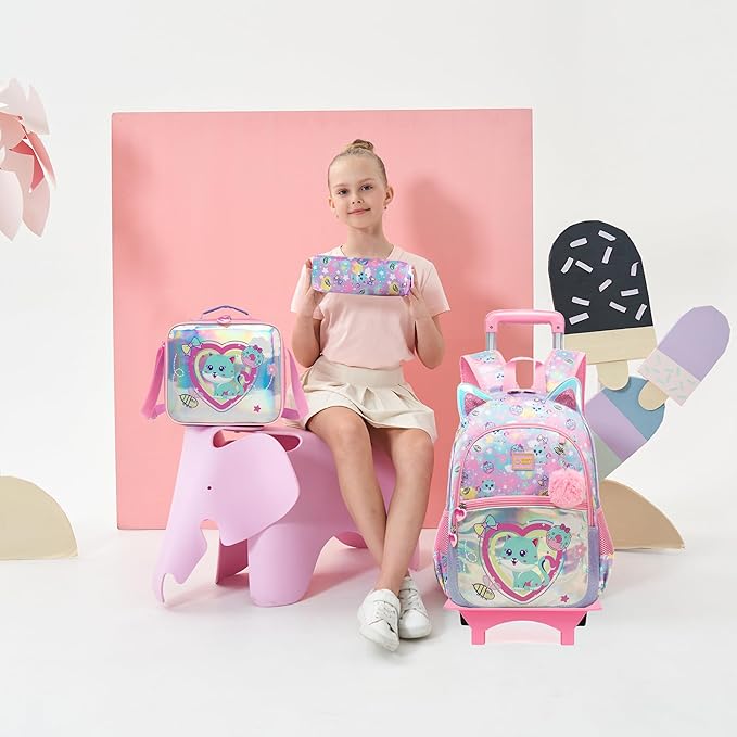 Rolling Backpack for Kids Girls Rolling Backpack for School Roller Backpacks for Girls 8-12 Cute Schoolbag Backpacks with Wheels for Kids with Lunch Box Back to School Supplies