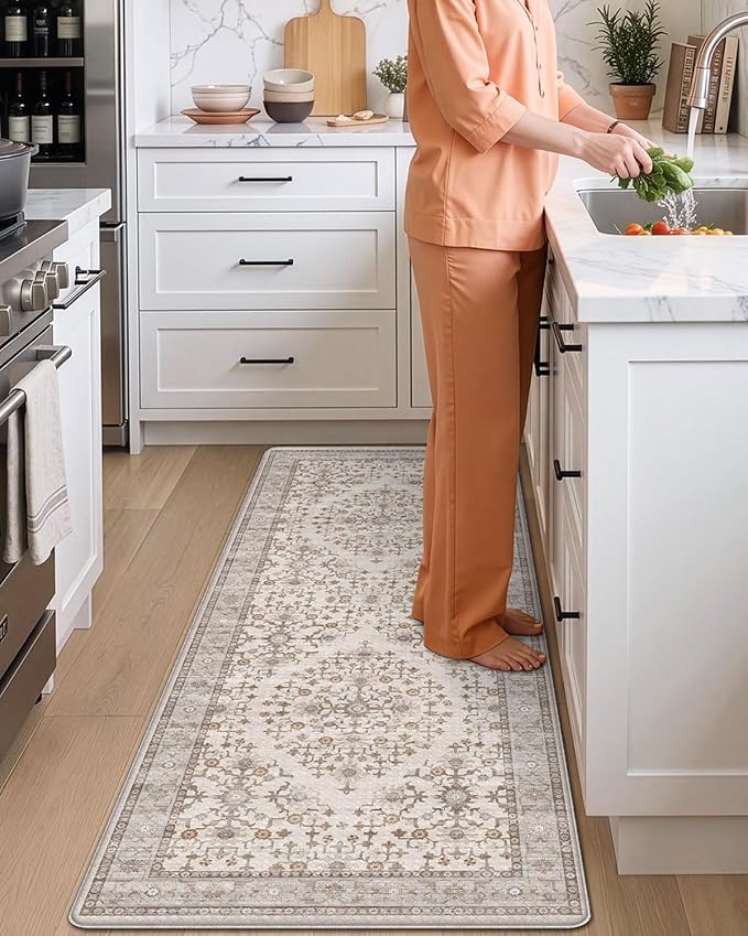 DEXI Kitchen Floor Mats Cushioned Anti Fatigue, 23x107 Long Wide Standing Comfort Runner Rug, Waterproof Retro Floral Memory Foam Padded for Front Sink Laundry, Beige and White