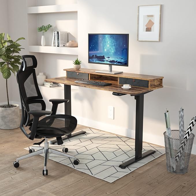 FEZIBO 55 x 24 Inch Whole-Piece Height Adjustable Standing Desk with Double Drawers, Sit Stand Desk, Stand Up Table (Send Two Packages), Rustic Brown Top