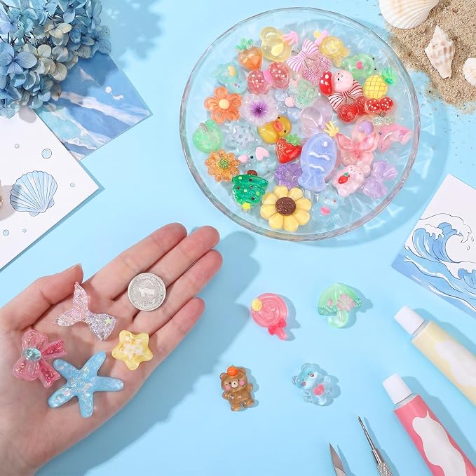 Giegxin 40 Pcs Colorful Slime Resin Charm Bear Peacock Flower Fruit Lollipop Flatback Cabochon Accessories Cute Embellishments Bulk for Jewelry Cellphone Case Scrapbooking Headband DIY Craft Making