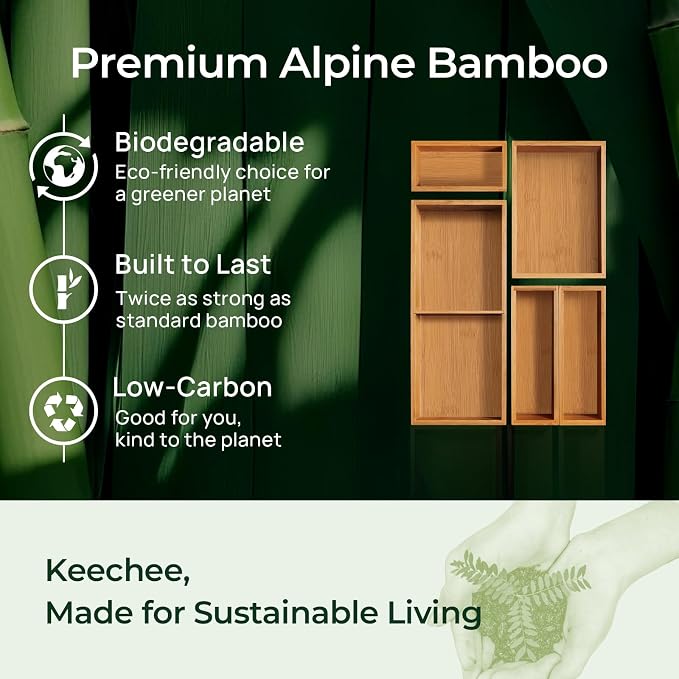 keechee 5-Piece Bamboo Drawer Organizer Set, 2.2" Deep Multi-Use Organizers for Utensils, Silverware, Cutlery, Desk, Bathroom, Junk Drawer & Makeup, Non-Slip Feet Included.