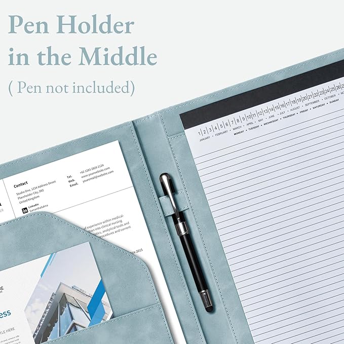 Mymazn Padfolio Portfolio Binder, Faux Leather Interview Resume Folder with Document Organizer & Business Card Holder, Letter-Sized Notepad Legal Pad Holder for Women Men (Blue)