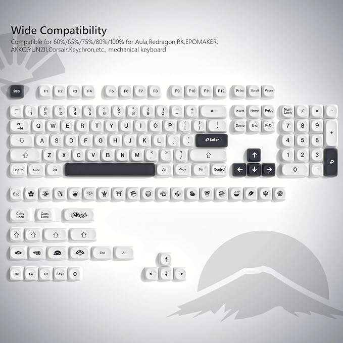 Womier Japanese MOA Keycaps, PBT Keyboard Keycaps for Mechanical Keyboard, Custom Cute White Key caps Dye-Sublimation for 60% 65% 75% 100% Percent Cherry MX - White and Black