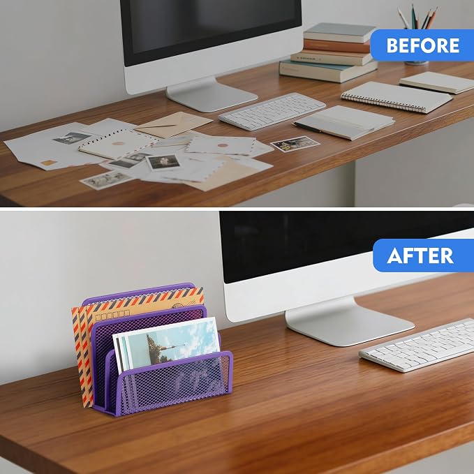 EASEPRES Desk Mail Organizer, Office Small Desktop Metal Mesh Envelope Letter Sorter Paper File Holder Organizer with 3 Vertical Upright Compartments, Purple 1 Pack