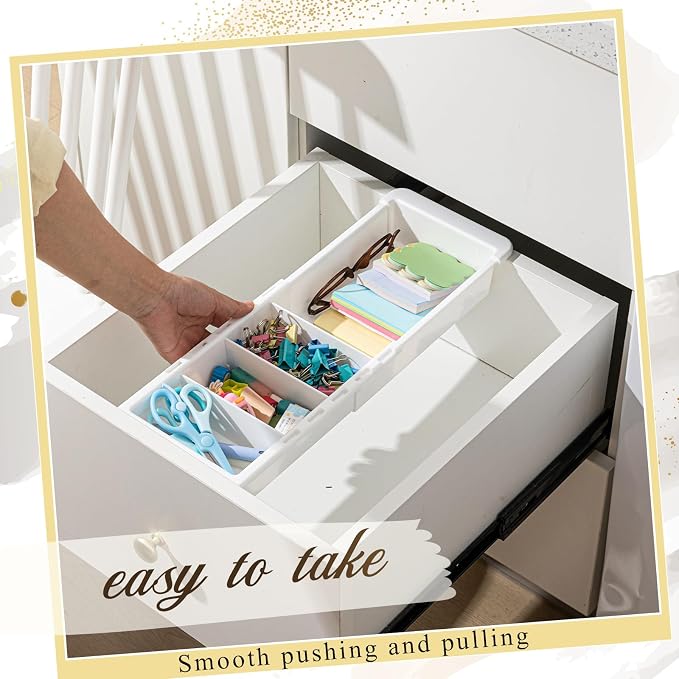 4 Pcs Expandable Drawer Organizer Bins Adjustable Deep Drawer Hanging Organizer Tray Expandable 11.4 to 18.1 Inches Plastic Dividers Storage for Office Bathroom Bedroom Kitchen Desk, White