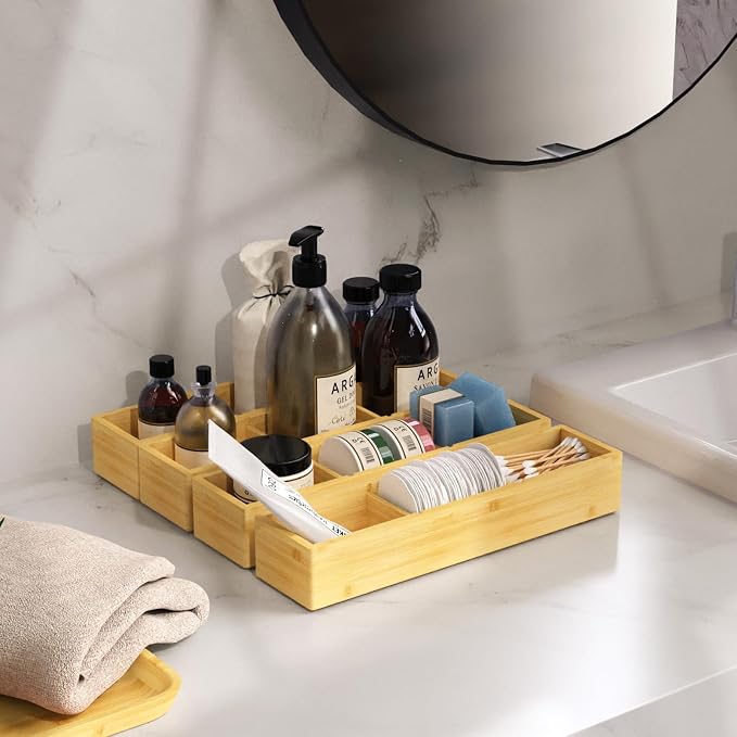DUJEN 4 Packs Bamboo Drawer Organizer, Adjustable 3 Individual Junk Drawer organizer for Bathroom and Kitchen, Wood Drawer Organier Boxes for Jewellery, Make up and Tea Bag