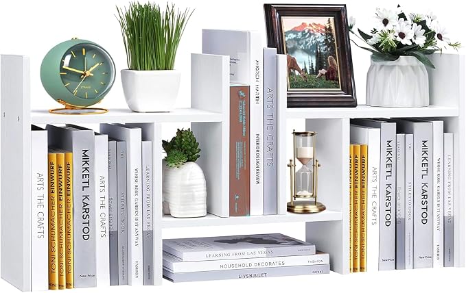 Meikuler Desktop Shelf Organizer, Adjustable Wood Display Desk Shelf, Office Storage Rack Tabletop Bookshelf Multipurpose Shelves for Home Decor, Office, Gifts (Solid White)