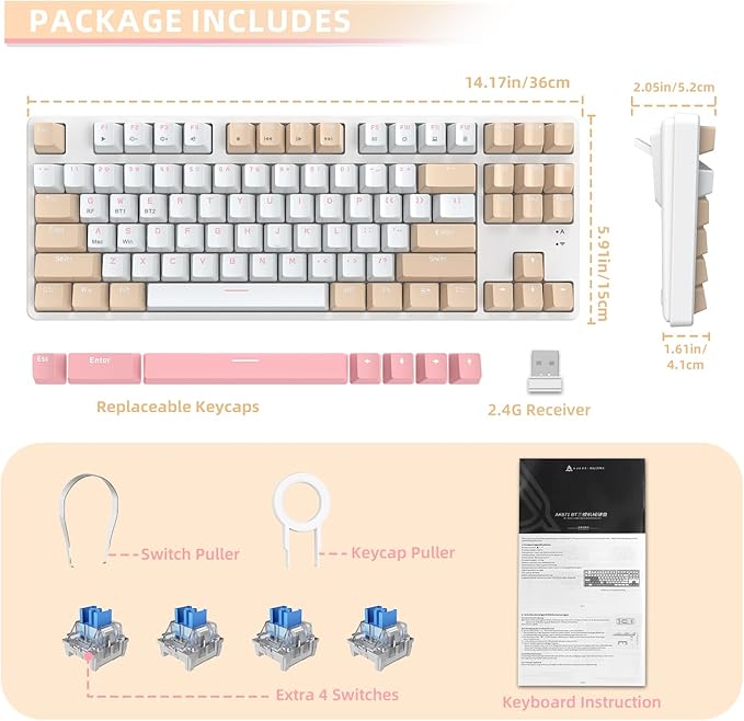 A.JAZZ Wireless Mechanical Keyboard, 87 Keys TKL Hot Swappable Bluetooth Gaming Keyboard, Dual Mode BT5.0/2.4G with Detachable Frame, USB Hub OEM Keycaps Custom Keyboard for Office Gaming(Blue Switch)