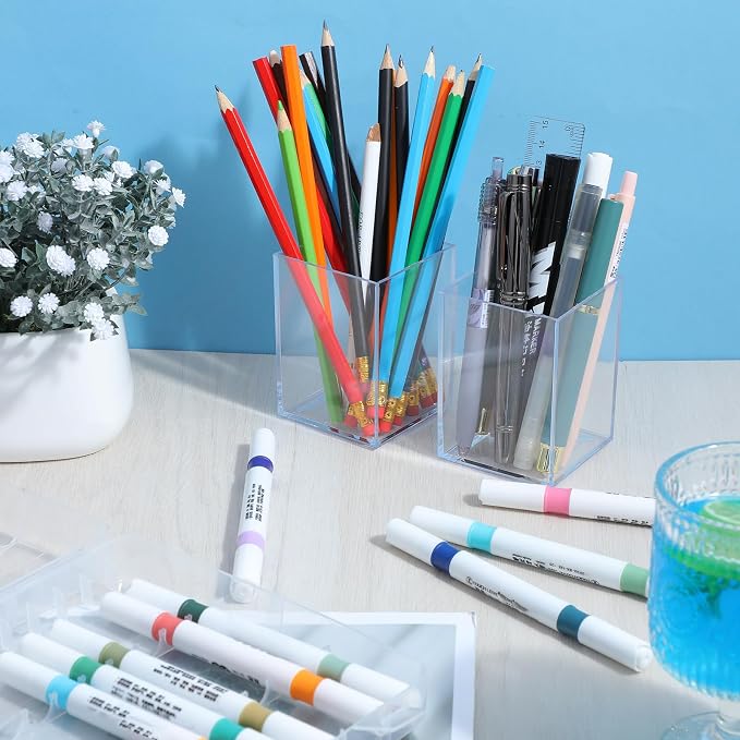 24 Pack Clear Acrylic Pen Holders – Multipurpose Desktop Organizer for Pencils, Makeup Brushes, Stationery & Office Supplies (2.6” x 2.6” x 3.6”)