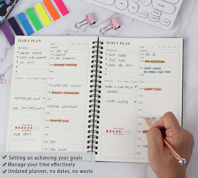 Daily Planner Undated 2 Pack, A5 To Do List Notebook with Hourly Schedules, Spiral Time Management Organizer for Man Women, 8.3" x 5.6" 152 Pages