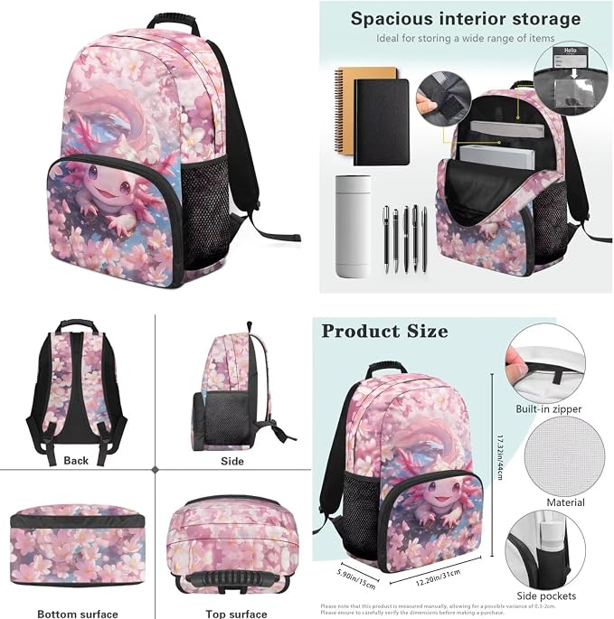 Ystardream Cartoon Axolotl Kids Elementary Backpack for Girls Backpack with Lunch Box Pencil Case Water Bottle Sleeve 4 in 1 for Middle High School Students Large Capacity Book Bag,17Inch