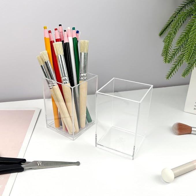 Clear Acrylic Pen Holder Cup Set of 2, Simple Modern Desktop Organizer for Stationery, Makeup Brushes, Office, Study and Home