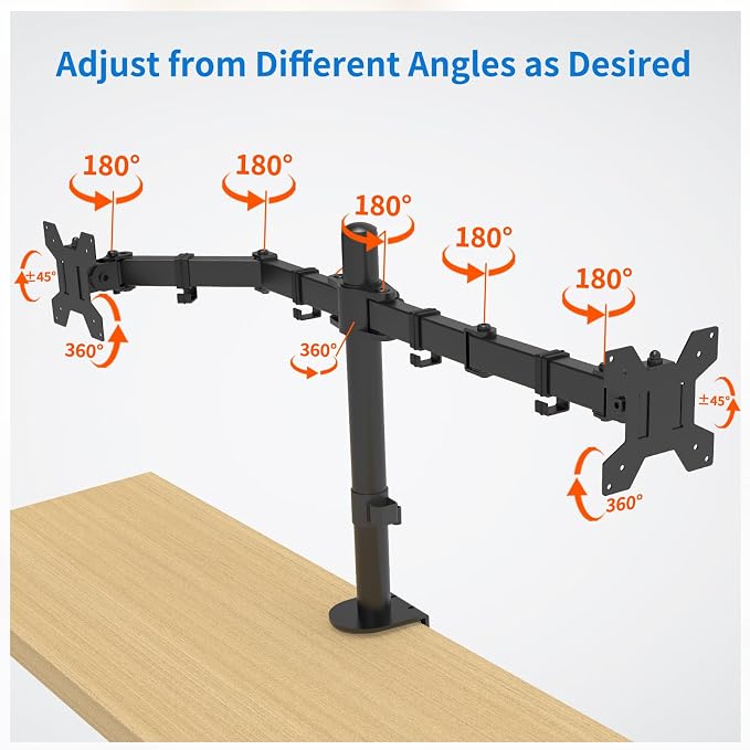 Dual Monitor Mount for 17-27 Inch Monitors up to 17.6 lbs, Desk Clamp | ±45° Tilt | ±90° Swive l 360° Rotation | Height Adjustable | C-Clamp Mount | Cable Management | VESA 75×75/100×100 mm