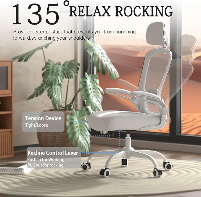 Mimoglad Office Chair, High Back Ergonomic Desk Chair with Adjustable Lumbar Support and Headrest, Swivel Task Chair with flip-up Armrests for Guitar Playing, 5 Years Warranty
