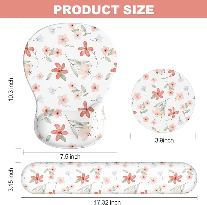 Ergonomic Mouse Pad with Wrist Rest and Keyboard Wrist Rest, Gel Mousepad and Wrist Rest for Computer Keyboard, Pain Relief, Non-Slip PU Base, Mouse Pad with Wrist Support for Gaming, Orange Flowers