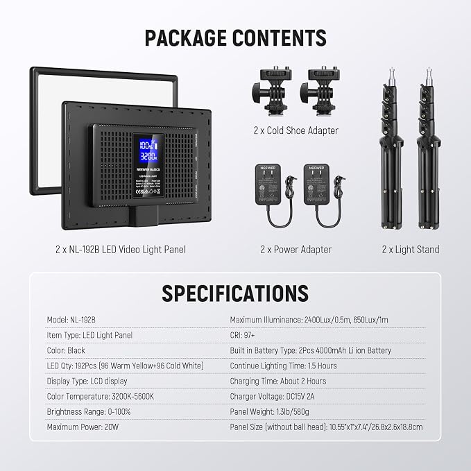 NEEWER BASICS 13" LED Video Light Panel, 2 Pack Studio Lighting Kit with Tripod Stands, Bi Color Photo Key Light for Streaming Photography Podcast Recording, 2400Lux 3200-5600K CRI97+ 8000mAh, NL-192B
