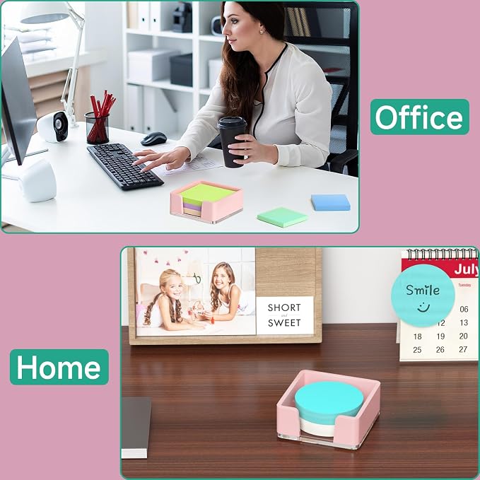 Sticky Note Holder, Pink Acrylic Notepad Holder 3x3 in Self-Stick Note Dispenser Office Desk Accessories, Memo Pad Holder Organizer for Classroom School Supplies
