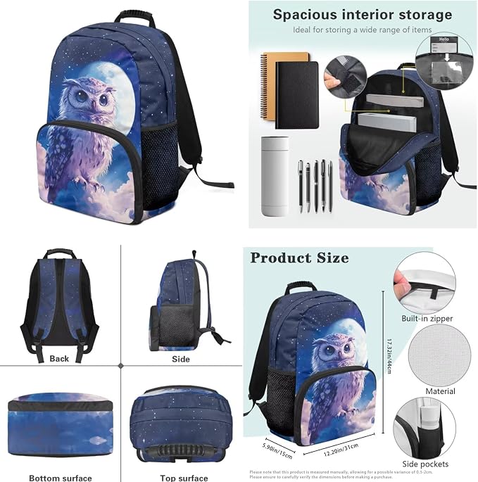 Ystardream 3D Owl Backpack with Lunch Box for Kids Girls Large Capacity School Back Pack Elementary Primary School Bag with Adjustable Straps 4pcs Bookbag Sets for Student Easy to Carry