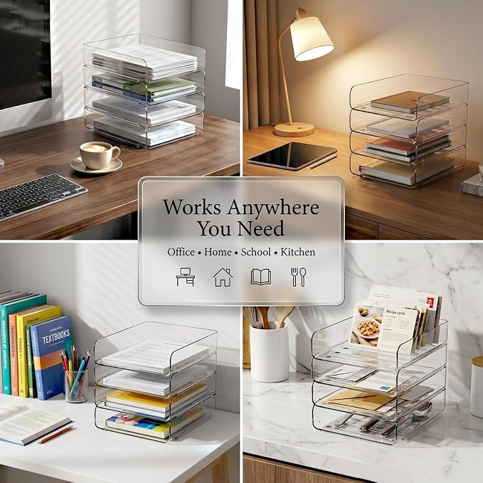 DCA 4 Tier Clear Desk Organizer, Stackable Paper Tray, Desktop File Sorter | Letter & A4 Compatible | Space-saving | Office, Home & School