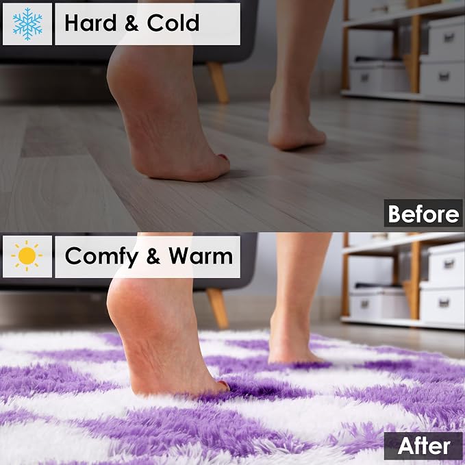 KICMOR Purple Rugs for Bedroom Living Room, Fluffy Soft Checkered 4x6 Area Rug Fuzzy Shag Shaggy Carpet, Indoor Plush Bedside Floor Rugs for Kids Girls Boys Teen Dorm Nursery Home Decor Aesthetic