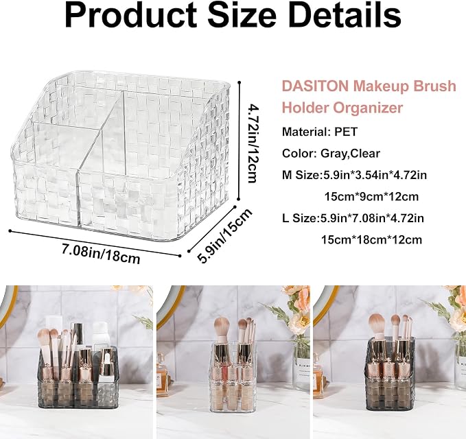 DASITON Makeup Brush Holder Organizer, 4 Slots Acrylic Makeup Brushes Storage Cup, Woven Texture Make Up Brush Holder for Vanity Bathroom Office, Pen Holder for Desk, Cosmetic Display Cases (Clear L)