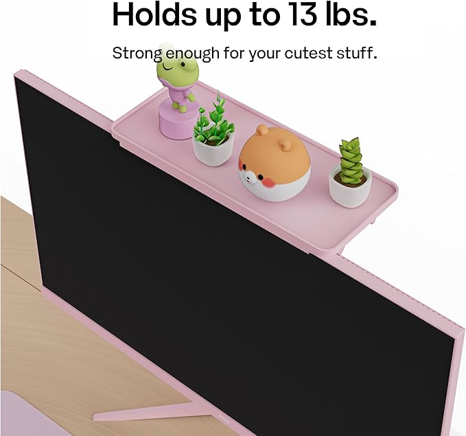 Pixio 12 inch Pink Monitor Storage Top Shelf - Adjustable Platform, Universal Fit, Holds Up to 13lbs, Works on TV, Flat, Curved Monitors, Storage for Webcams, Clocks, Phone, Figures