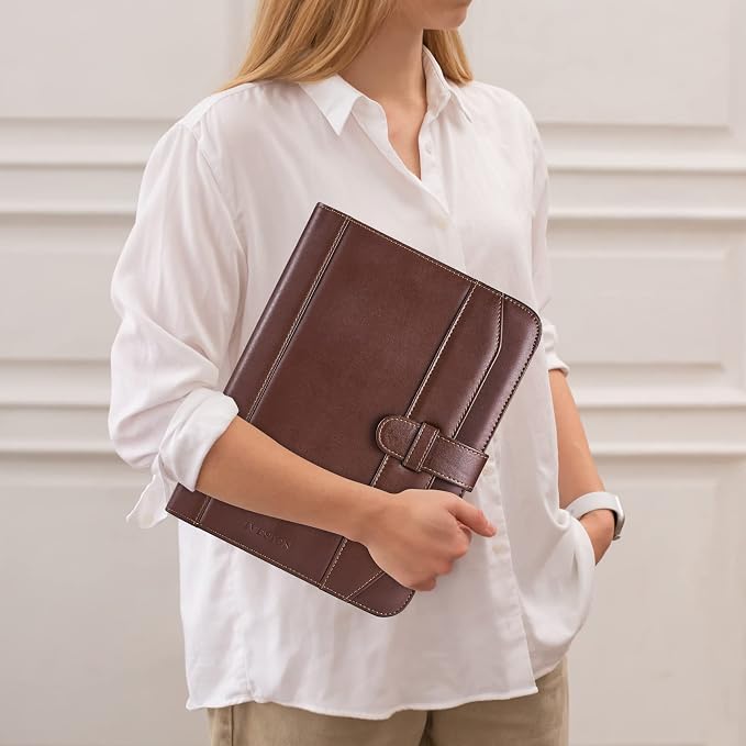 Leather Portfolio Notebook with Folder, Storage Clipboard with Cover for Legal Pad Holder Letter Size A4 Writing Pad for Business School Office Resume Conference Notepad Clip Boards (Brown)