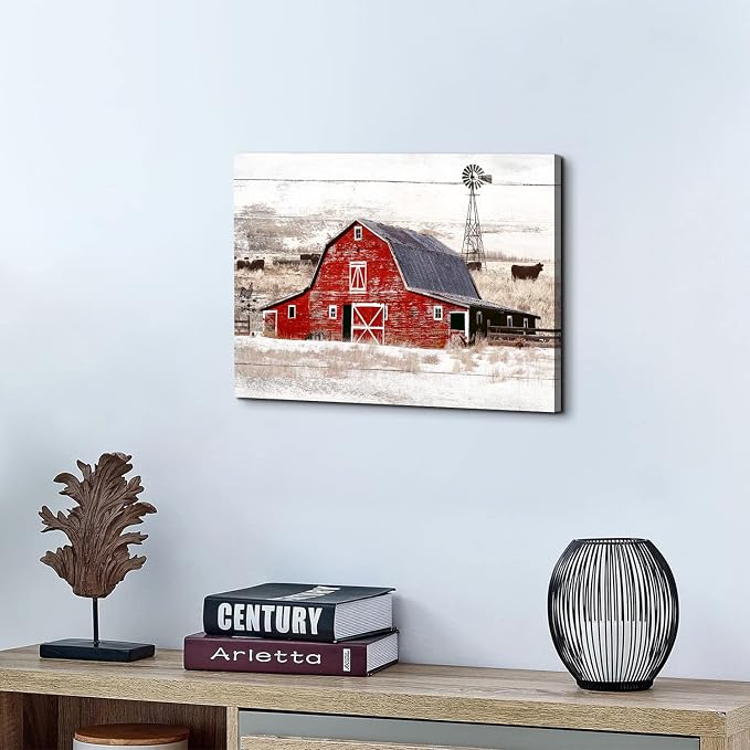 Farmhouse Barn Wall Art Kitchen Wall Decor Rustic Windmill Meadow Landscape Picture Canvas Prints Vintage Farm House Red Barn Scenery Painting Countryside Cow Poster Artwork Home Decorations 12x16”