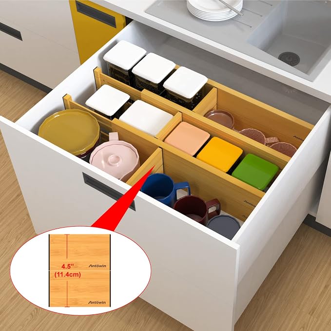 Bamboo Drawer Dividers Organizers 16pcs, Expandable Drawer Separators Splitter, 17-22 inches Long Adjustable Spring-loaded Organizer for Large Utensil, Clothes, Tools Drawers (8+8)