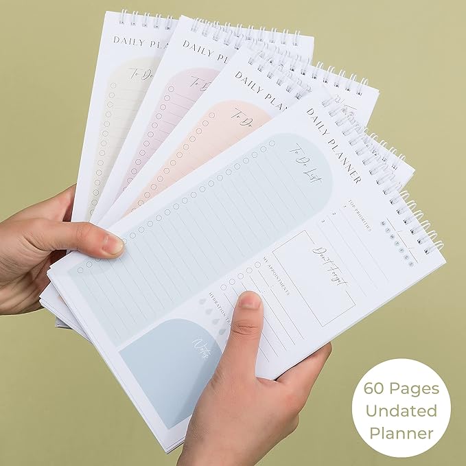 Daily Planner To Do List Notepad 60 Undated Pages,Almond,Twin-ring Spiral Bindling 6x9 Inch Desktop Daily Planning Notepad with Protective Cover,Notebook for Daily Tasks, Water Intake, Habit Tracker