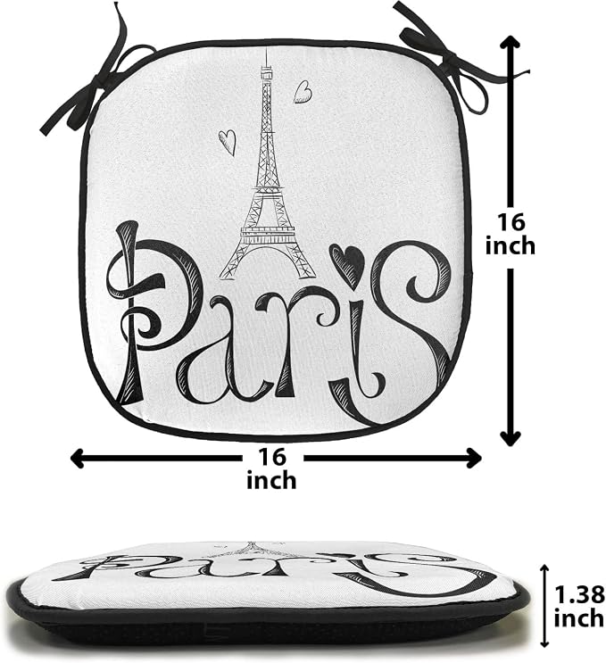 Lunarable Paris Chair Cushion Pads Set of 8, Illustration Eiffel Tower France Heart Shapes Silhouette Vacation Theme Art, Anti-Slip Seat Padding for Kitchen & Patio, 16"x16", Black White