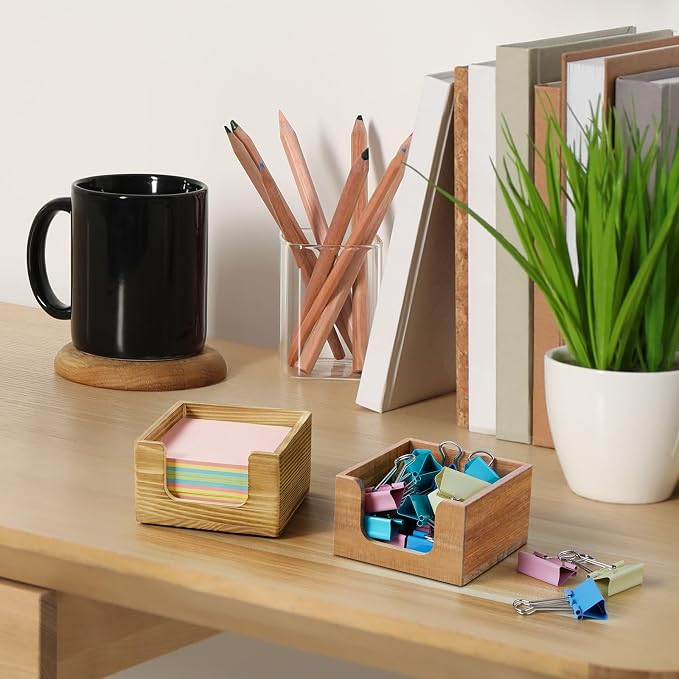 Burnt Wood Sticky Note Holder, 3 x 3 Inch Post It Note Dispenser for Office Desk Accessories, Self Stick Note Pad Holder, Memo Pad Holder Dispenser Organizer for School Office Desk Supplies
