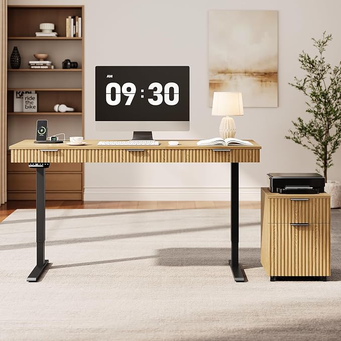 63" Electric Standing Desk with File Cabinet, Height Adjustable Desk,Oak | Standing Desk with Drawers, Roilling Filing Cabinet, File Cabinet with Drawers, Adjustable Desk for Home Office, Work, Study
