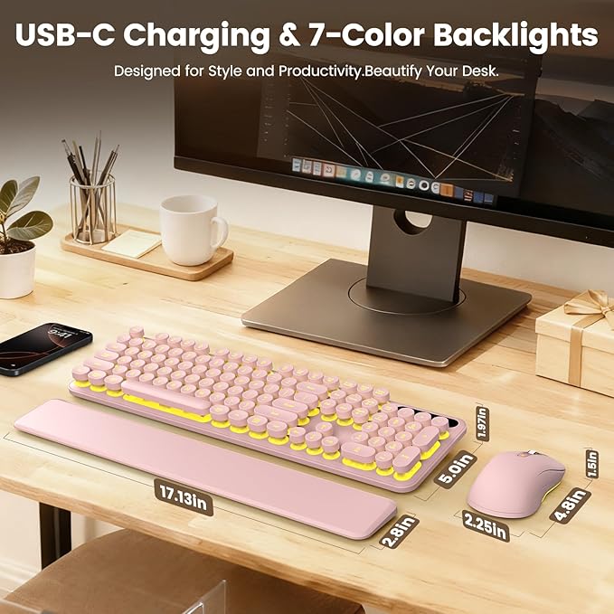 Wireless Keyboard and Mouse Combo, Round Backlit Keycaps, Retro Typewriter Keyboard with Detachable Wrist Rest, Rechargeable & Tilt Legs, 2.4GHz Cordless Connection for Windows/PC (Glowing Pink)