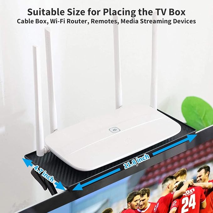 11.8in TV/PC Top Shelf Mount for Routers, Cable Boxes and Remote | Adjustable Monitor Top Shelf Wide Platform Screen Storage Bracket, TV Mounted Shelf for Games Consoles - 11.8 x 4.7 inches