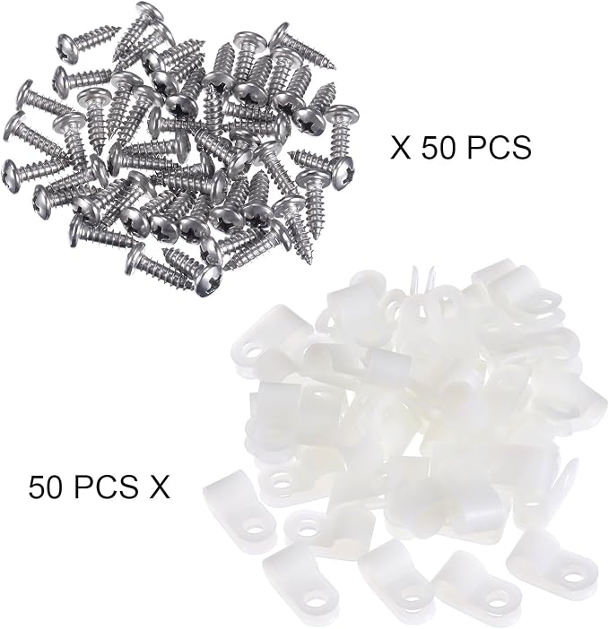 Hicarer 50 Pack R-Type Cable Clip Wire Clamp, Nylon Screw Mounting Cord Fastener Clips with 50 Pack Screws for Wire Management (White,1/4 Inch)