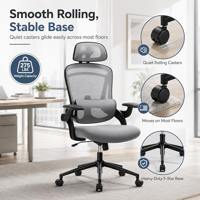 Ergonomic Office Chair, Home Office Desk Chairs with Adjustable Lumbar Support and Headrest, High Back Mesh Computer Desk Chair with 3D Flip-up Armrests & 360° Swivel Wheels, 275 LBS