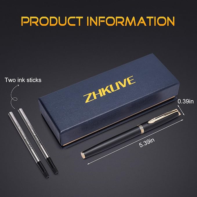 ZHKUVE Luxury Rollerball Pen, Stunning Black Lacquer with 24K Gold Trim, Switzerland Tip with Black Ink Refills, Elegant Gift Set for Men & Women, Executive Writing