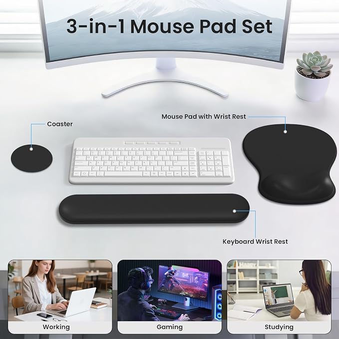 AKIT Ergonomic Mouse Pad and Keyboard Wrist Rest Set,Memory Foam,Black | Ergonomic Wrist Support for Typing & Gaming,Gel Mouse Pad with Smooth Glide,Reduces Fatigue,Fits Home & Office
