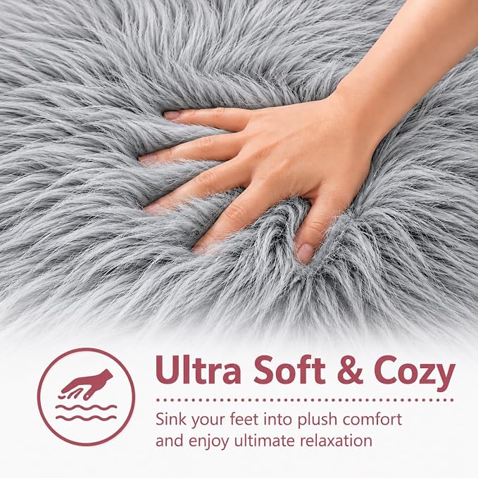 EasyJoy Faux Sheepskin Rug, Fluffy Faux Fur Rug, Ultra Soft Shag Area Rug with Non-Slip Backing for Bedroom, Living Room, Nursery, Kids Room(2 x 4 ft Rectangle, Frosted Bottom Gray)