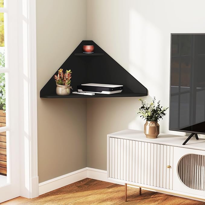 GOFLAME Floating Corner Desk, Wall Mounted Triangular Computer Desk w/Storage Shelf, Space-Saving Design, 90° Wooden Floating Home Office Desk for Writing, Working, Studying (Black)