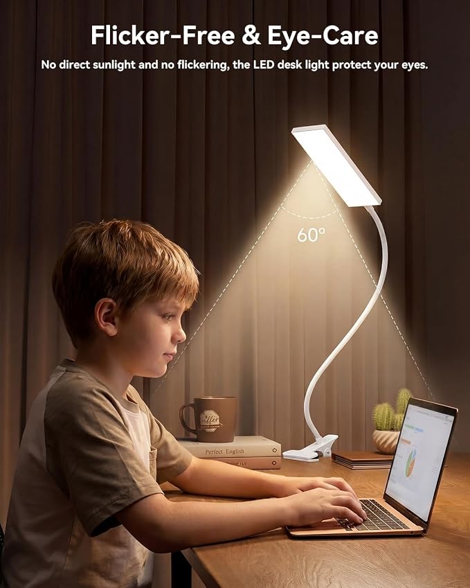 Eye-Caring Adjustable LED Reading Clamp Desk Lamp with 48 LEDs Flexible Neck, 3 Color Modes & 11 Brightness Levels for Office Bedroom Study (White)