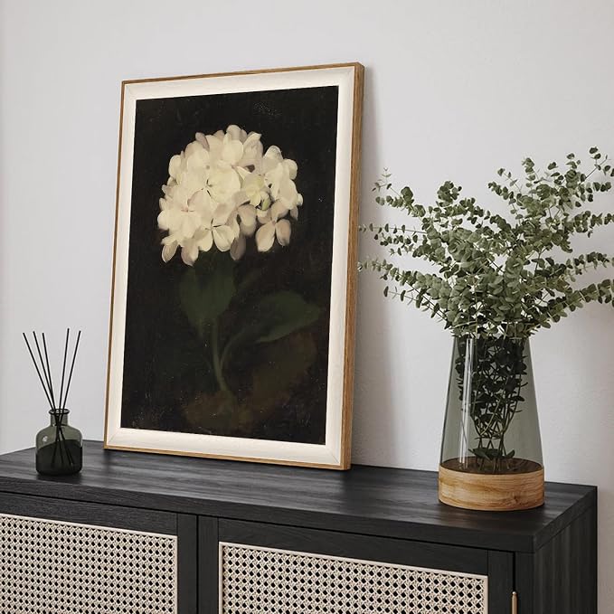 Framed Flower Wall Art, Vintage White Hydrangea Still Life Floral Art Prints, Moody Vintage Canvas Oil Painting, Antique Botanical Floral Wall Decor Pictures for Bedroom, Kitchen, Shelf, Bathroom Wall Decor - 16x24Inch