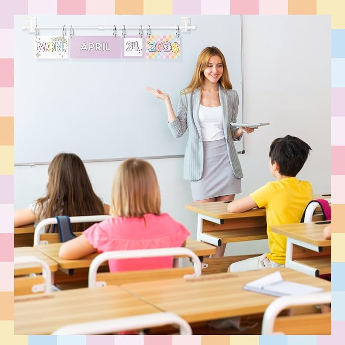 Pastel Rainbow Flip Calendar Bulletin Board Set 54 Date Cards for Teacher Classroom Years 2026-2028 Rainbow Flip Calendar with Adjustable Holder and O-Rings for Back to School Supplies
