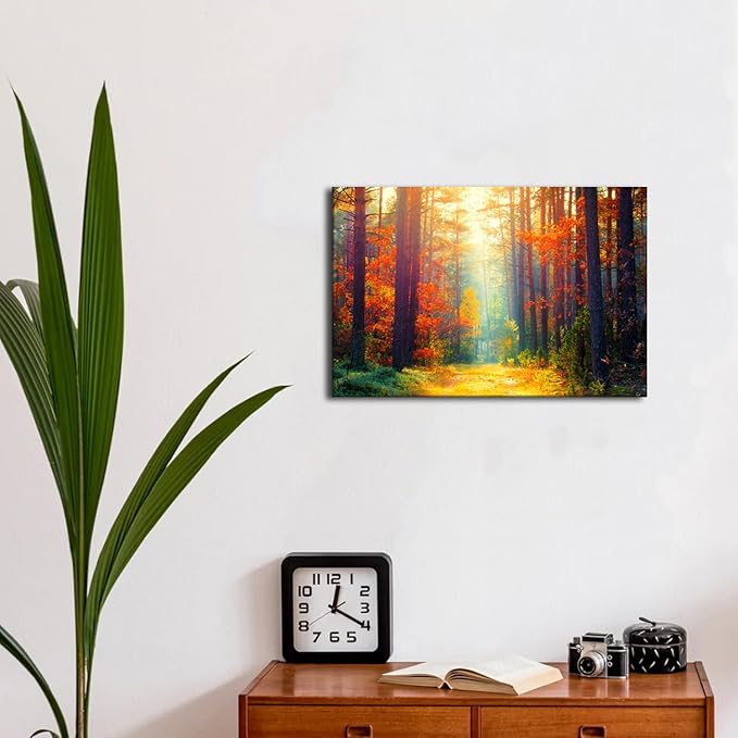 Fall Forest Canvas Wall Art Autumn Tree Scenery Wall Decor for Living Room Bedroom Nature Landscape Pictures Sunshine Orange Maple Leaves Painting Prints Artwork Dining Room Home Decorations 12x16â