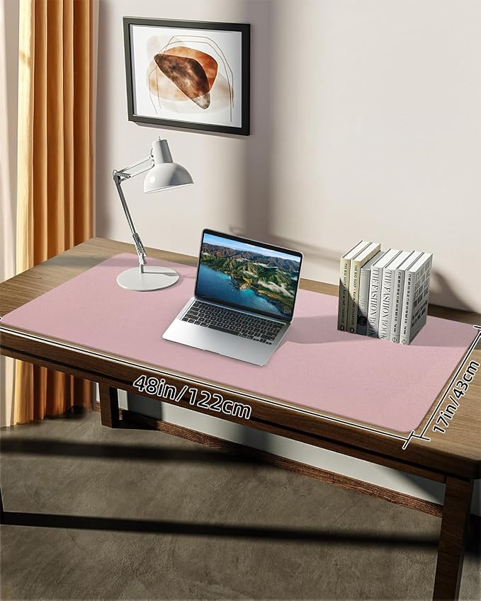Leather Desk Pad Protector, Large Desk Mat, Mouse Pad, Non-Slip PU Leather Desk Blotter,Desk Cover mat,Desk mat for Keyboard and Mouse,Mat for Office&Home (Rose Pink, 48" x 17")