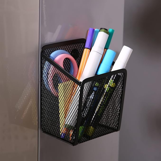 Large Magnetic Pen Holder, Magnetic Basket 4 Strong Magnet Pencil Holders Locker Accessories for Refrigerator Whiteboard Black(3.7x2.7x5 In) | Magnetic Basket Locker Accessories for Refrigerator Whiteboard Black(3.7x2.7x5 In)