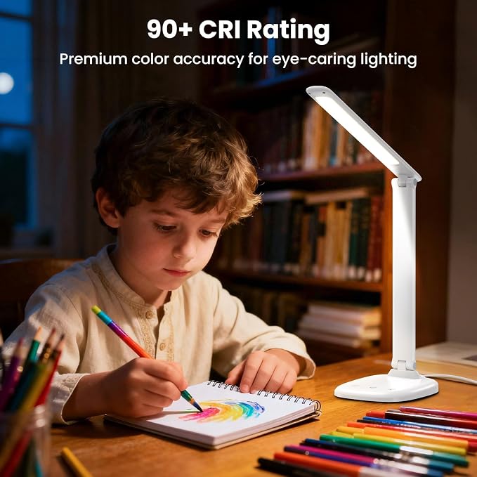 Desk Lamp with Charger, 10%-100% Stepless Dimmable & 5 Color Modes Study Lamp, Touch Control, 30-/60-minute Timer, USB Charging Output Port, CRIโฅ90, Eye-Caring Foldable LED Desk Lamps for Home Office