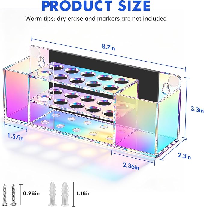 Magnetic Dry Erase Marker Holder for Whiteboard, Wall Mount Pen Holder for Refrigerator, Clear Pencil Holder for Fridge, Strong Magnet Locker Organizer for Classroom(Colorful)